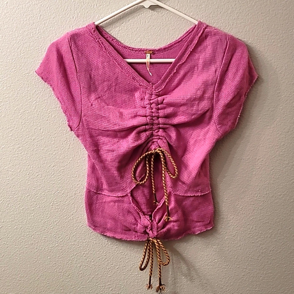 NWOT Free People rouched tie front crop t-shirt magenta/lavender color size S